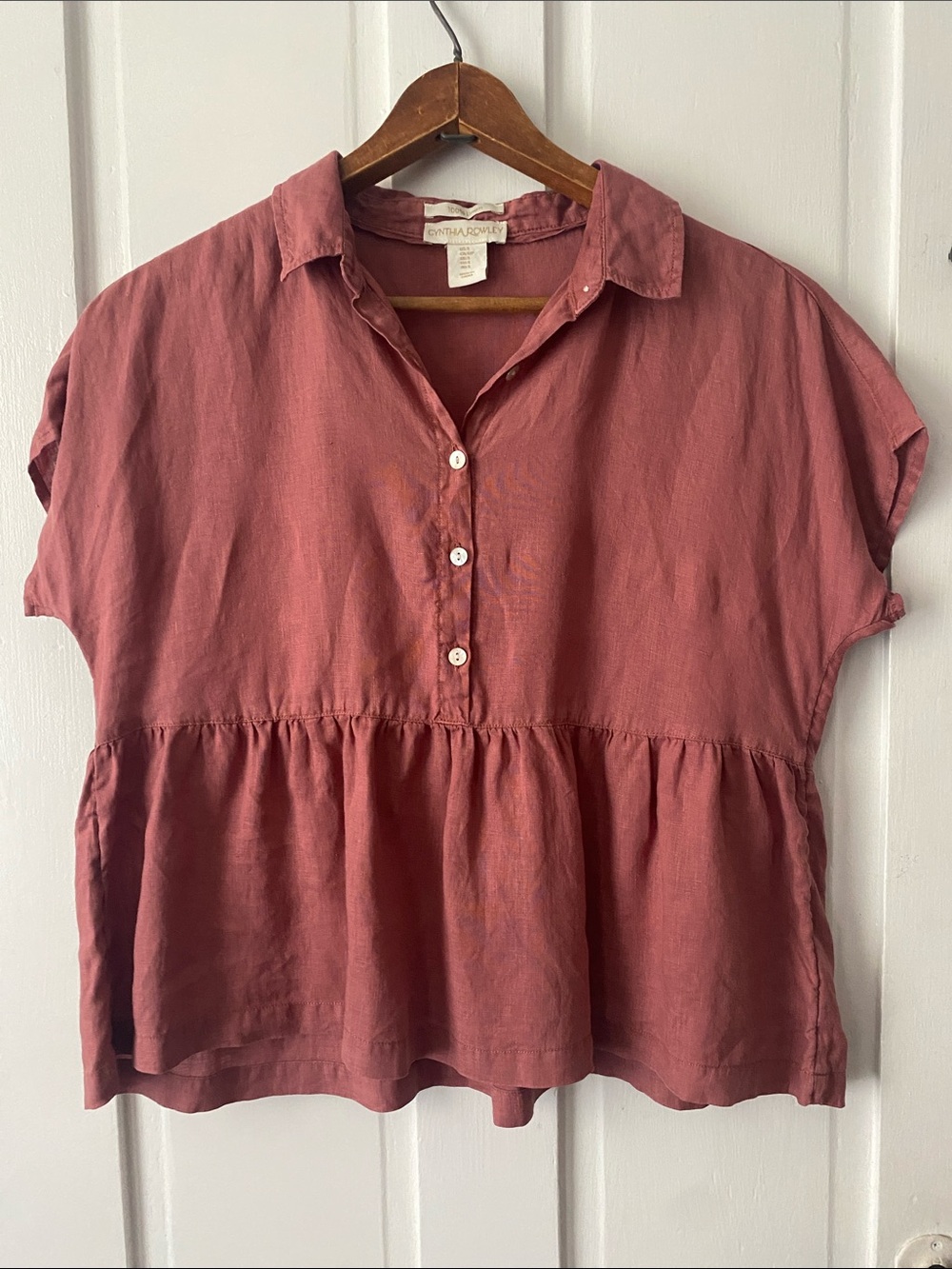 Cynthia Rowley 100% Linen Blouse Small Dusty Rose Peplum Button Front Shirt